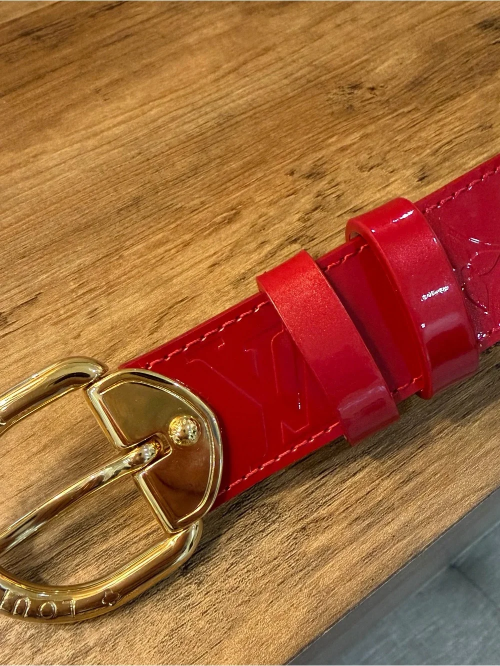 Authentic Louis Vuitton Women's Red Patent Leather Belt with Gold Buckle